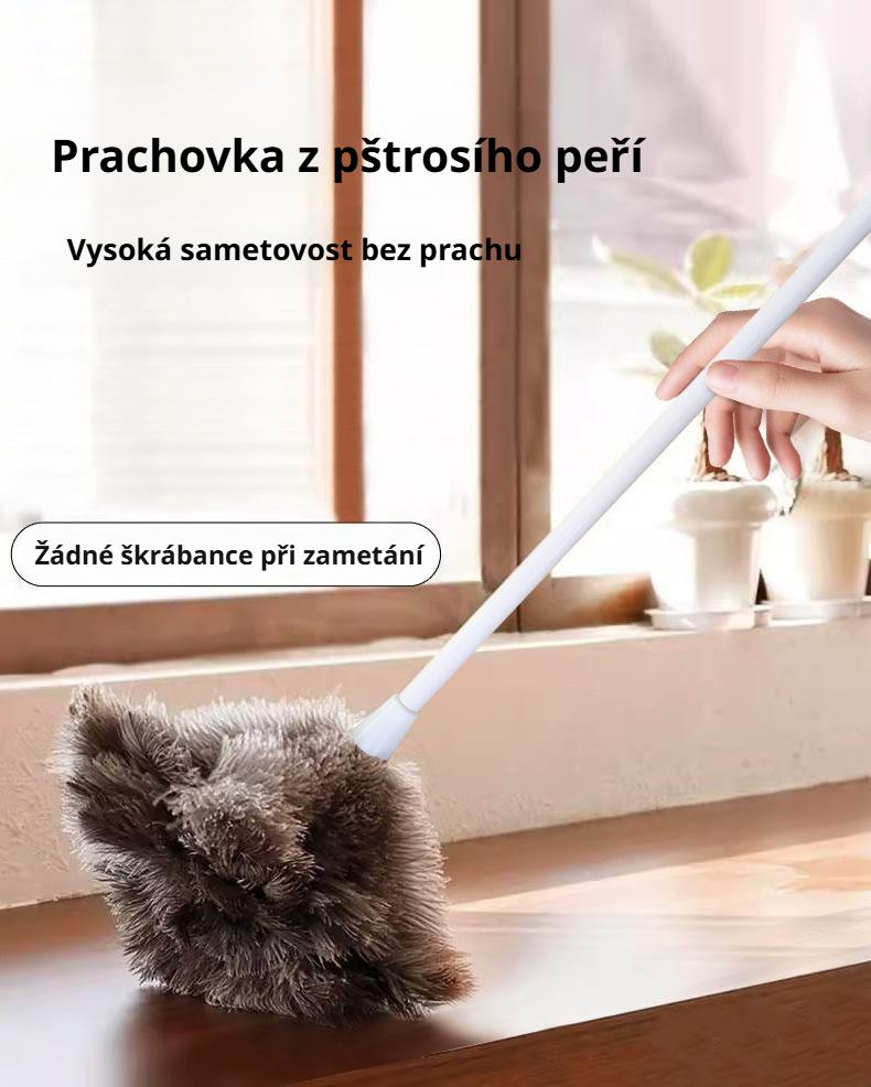 Oprašovač z pštrosího peří na stole