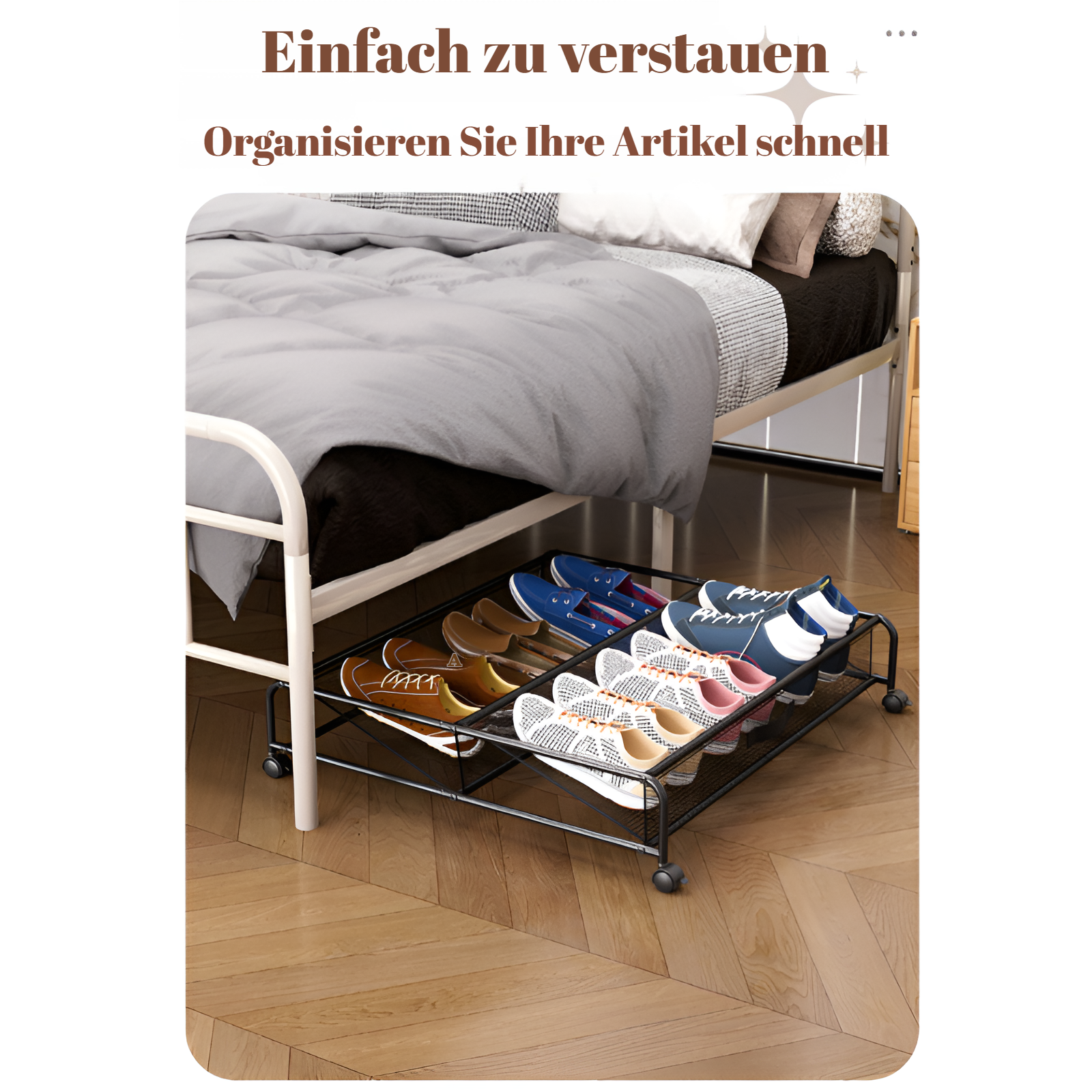 Platzsparendes Schuhregal für den freien Raum unter dem Bett