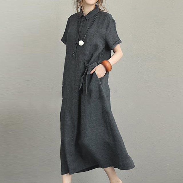 여성 무지 면마 셔츠 원피스