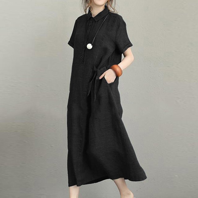 여성 무지 면마 셔츠 원피스