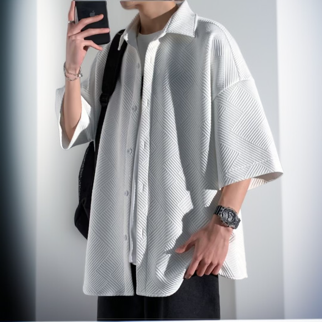 남자 와플 캐주얼 여름 빅사이즈 셔츠 아우터 반팔 얇은 화이트 셔츠 루즈핏 셔츠