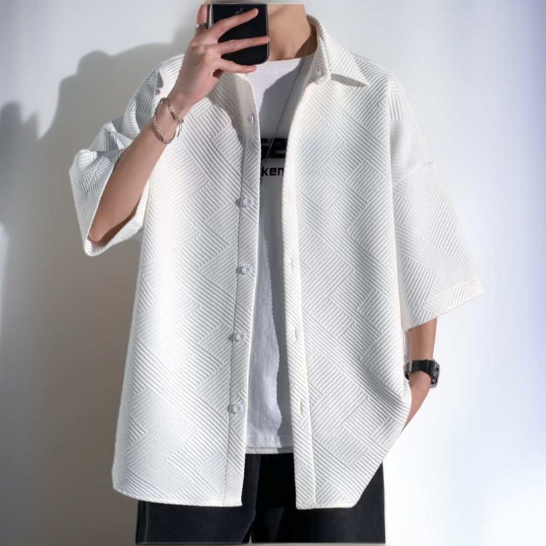 남자 와플 캐주얼 여름 빅사이즈 셔츠 아우터 반팔 얇은 화이트 셔츠 루즈핏 셔츠