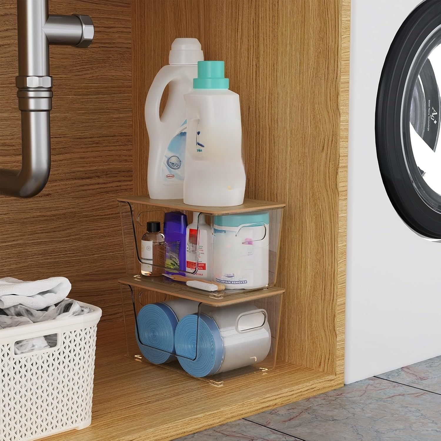 멀티 데스크 라지 수납함 대용량 다용도 가정용 투명 대나무 뚜껑 수납함