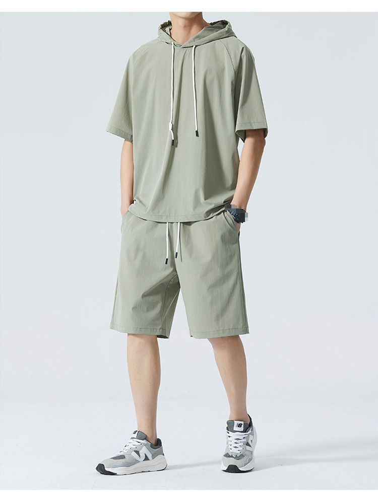 メンズ半袖パーカーのフードとジッパーのディテール