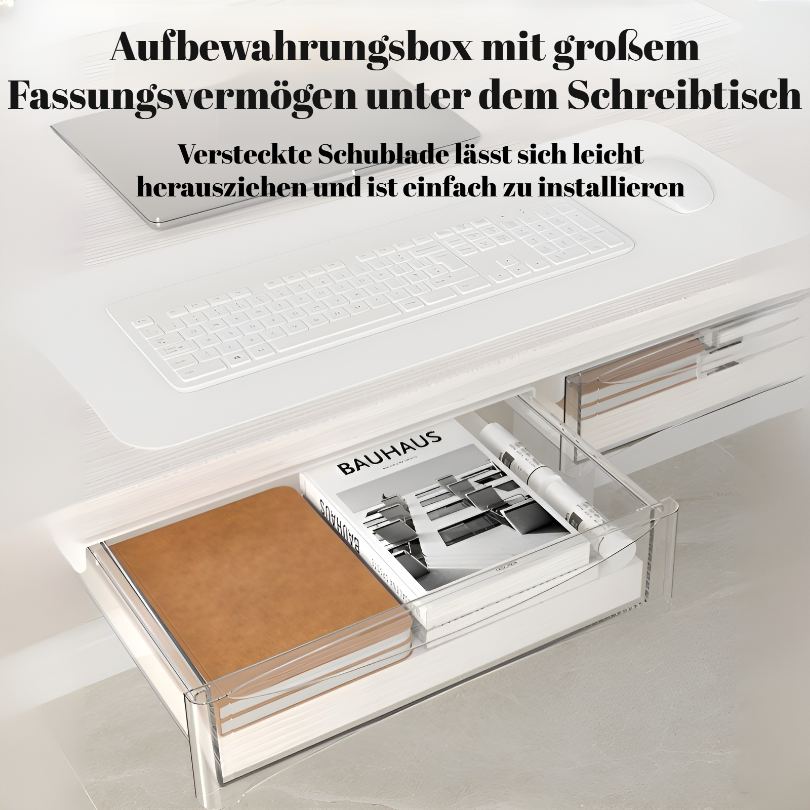 Die Schublade unter dem Tisch verfügt über einen Balken, der ohne Nägel oder Stanzen angehoben werde