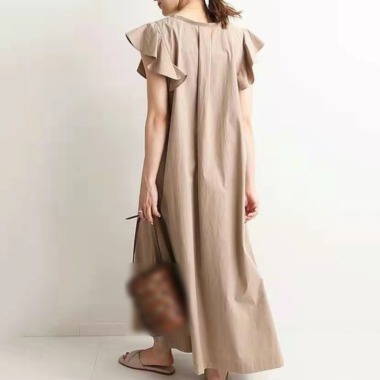 人気新作フリルスリーブAライン無地ルーズワンピース全体写真
