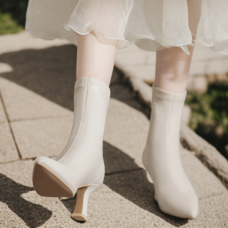 女性用スティレットショートブーツ2025年秋冬新作ポインテッドブーツ気質シンプル無地ブーツ後ろジッパーミドルカーフブーツ疲  れないブーツ