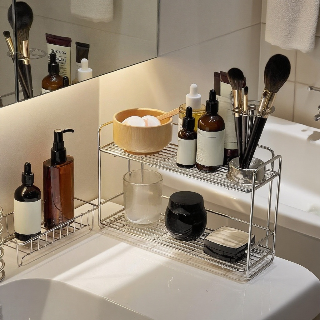 Fürdőszobai vas tárolókosár, rozsdamentes acél mosdókagyló tároló polc