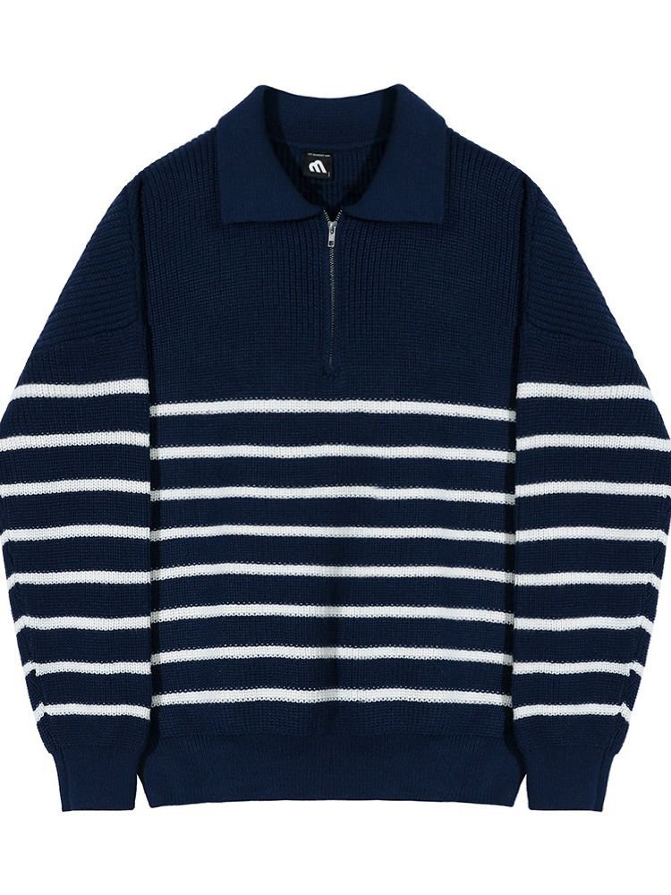Men's autumn loose retro casual half-zip polo striped long-sleeved sweater