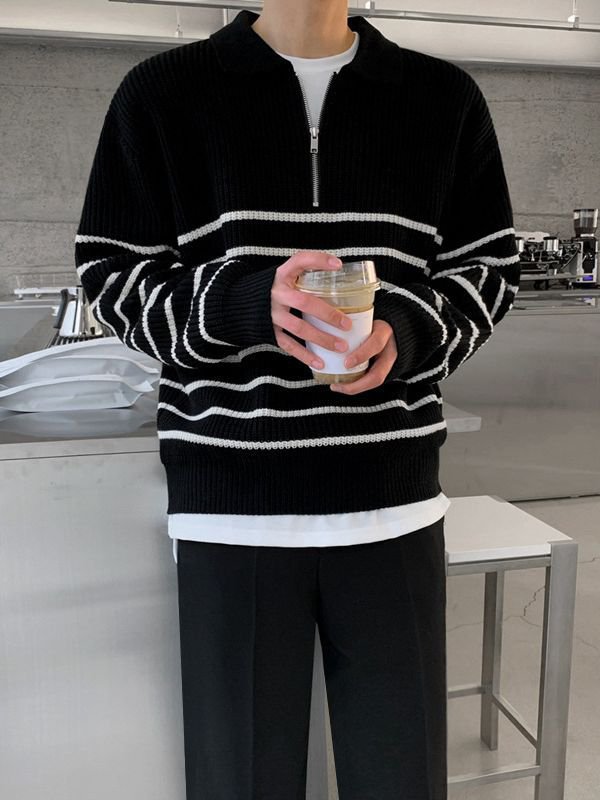 Men's autumn loose retro casual half-zip polo striped long-sleeved sweater