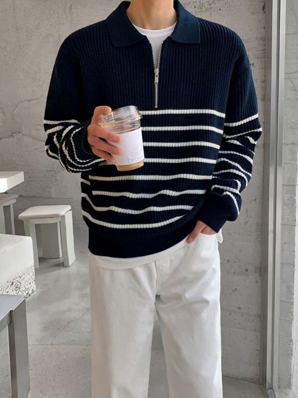 Men's autumn loose retro casual half-zip polo striped long-sleeved sweater