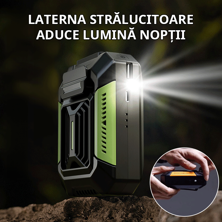 Dispozitiv de răcire completă pentru exterior【lanternă + power bank】cu curea inclusă