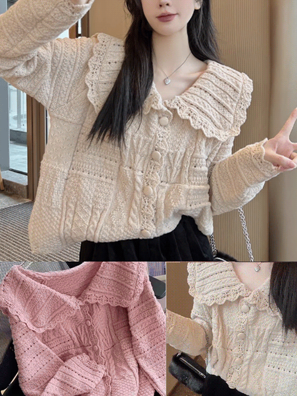 เสื้อคาร์ดิแกนถักแขนยาวคอพับสไตล์เกาหลี