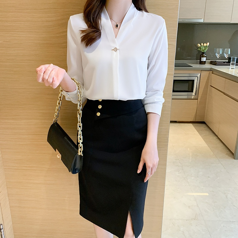 여성 화이트 긴팔 작업복 브이넥 긴팔 셔츠 패션 기질 정장 화이트 셔츠 여