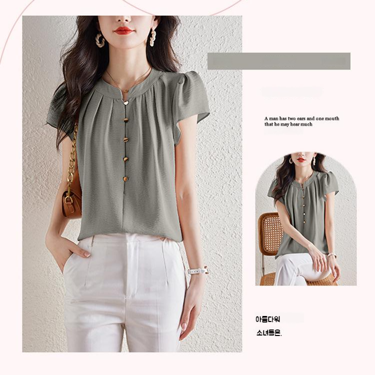 여성 통근 반팔 셔츠 슬림 라운드 반팔 셔츠 통근녀 반팔 셔츠