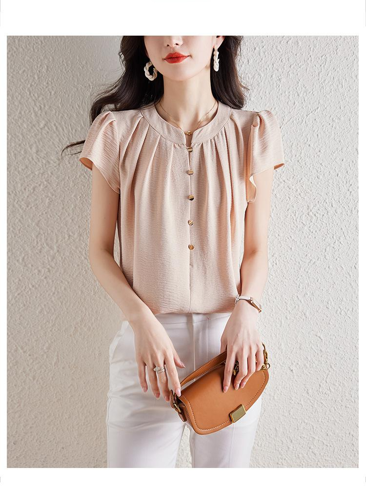 여성 통근 반팔 셔츠 슬림 라운드 반팔 셔츠 통근녀 반팔 셔츠