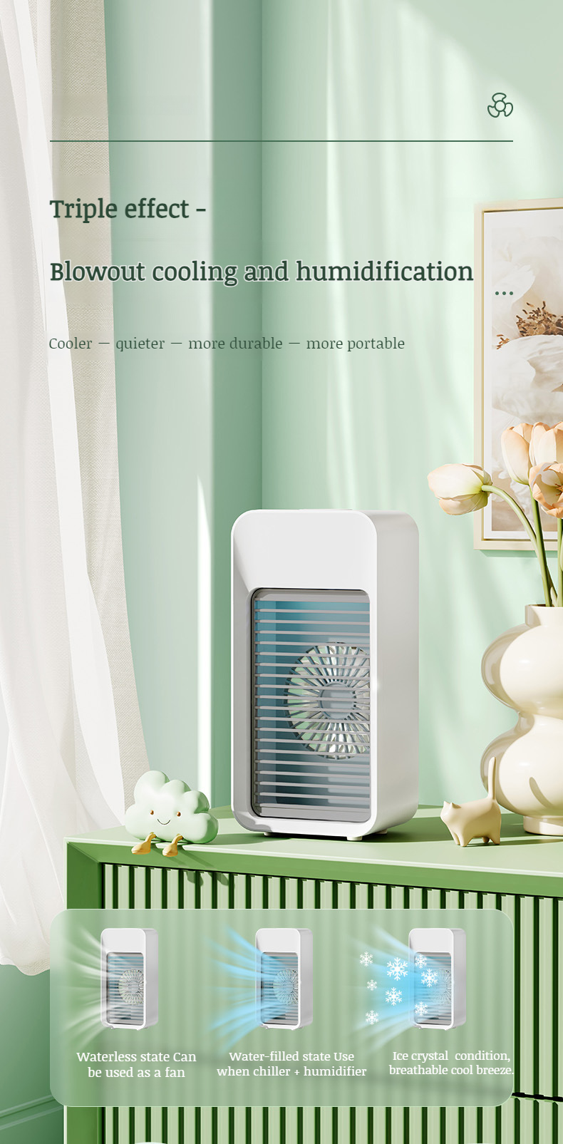 Home desktop air conditioning fan cooling on a desk