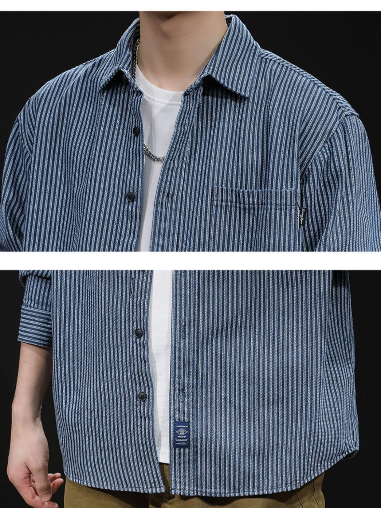 남자 스트라이프 아우터 셔츠 캐주얼 상의 데님 셔츠 긴팔 남자 셔츠