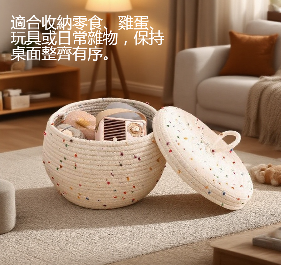 帶蓋圓形收納筐家居擺放效果