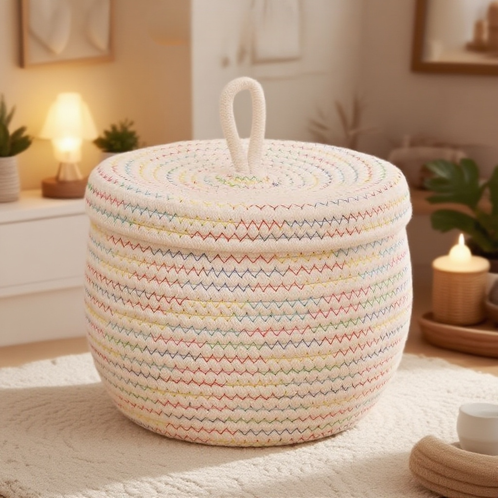 圓形編織帶蓋收納筐