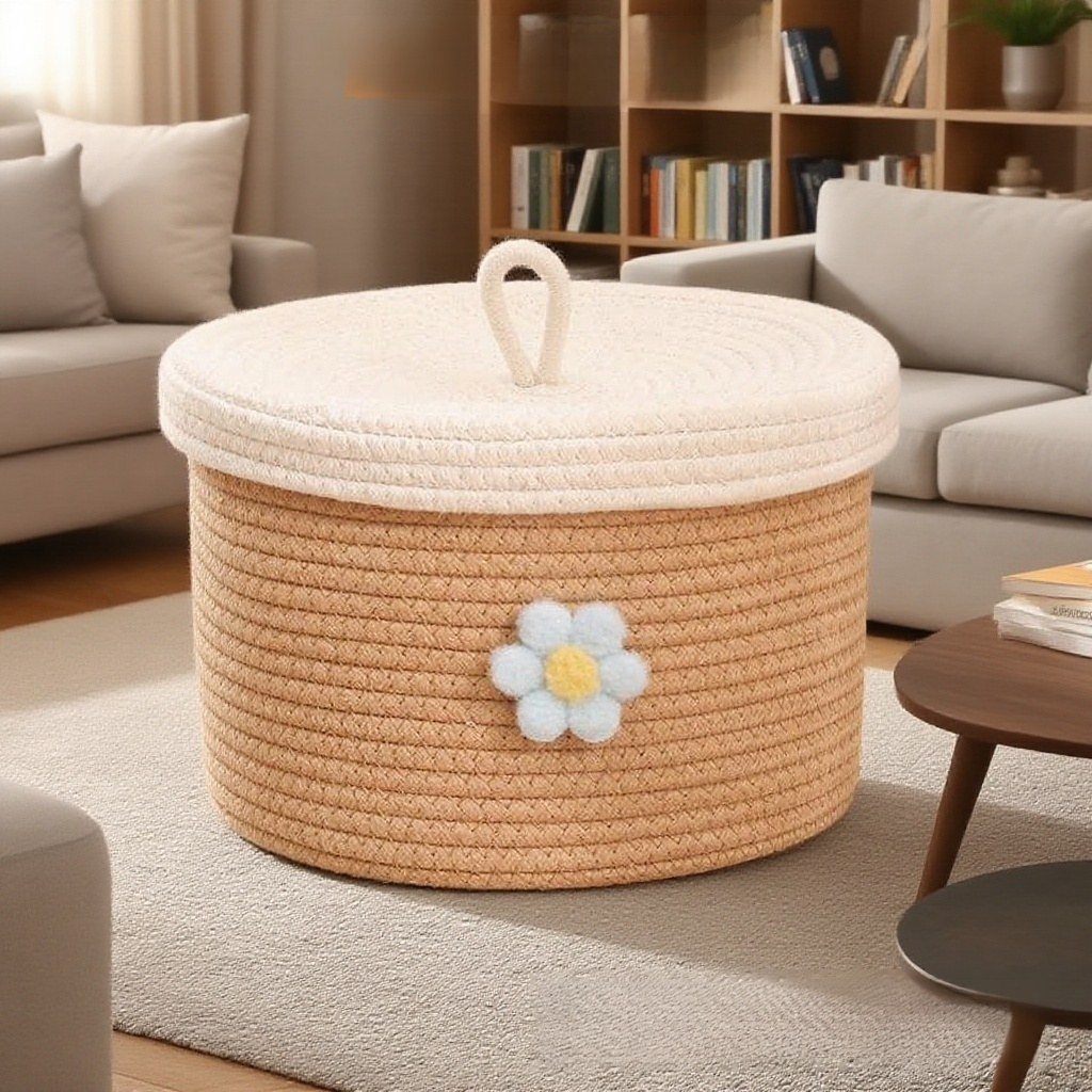 圓形編織帶蓋收納筐