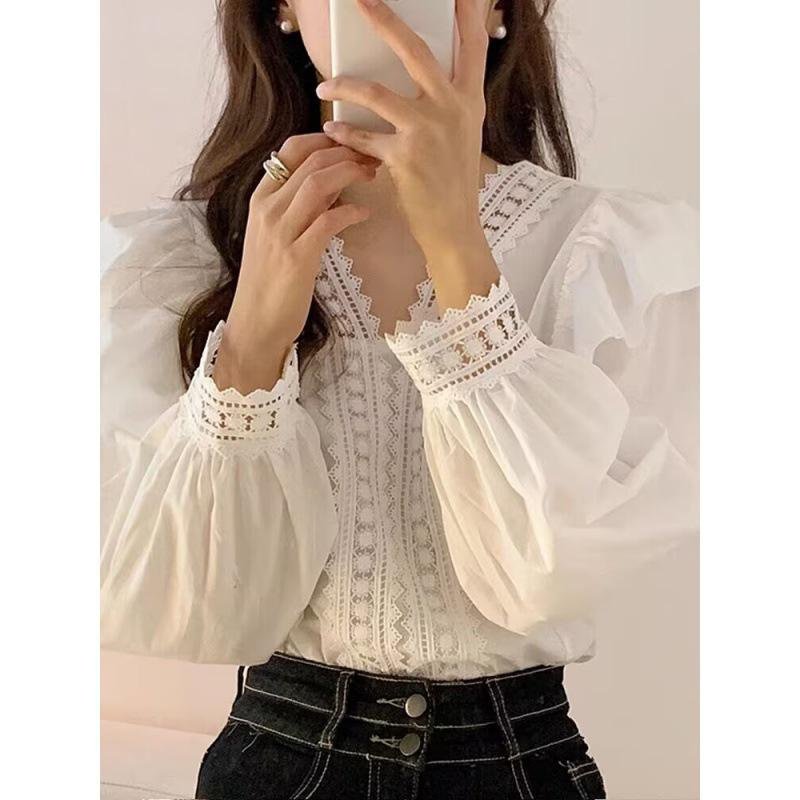 캐주얼 루즈핏 셔츠 프릴 레이스 트리밍 브이넥 원단 셔츠