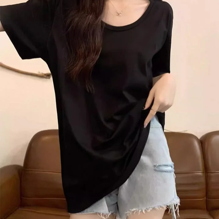 여 여름 루즈핏 순면 반팔 티셔츠 캐주얼 상의 슬림 정견 반팔 브이넥 반팔 티셔츠