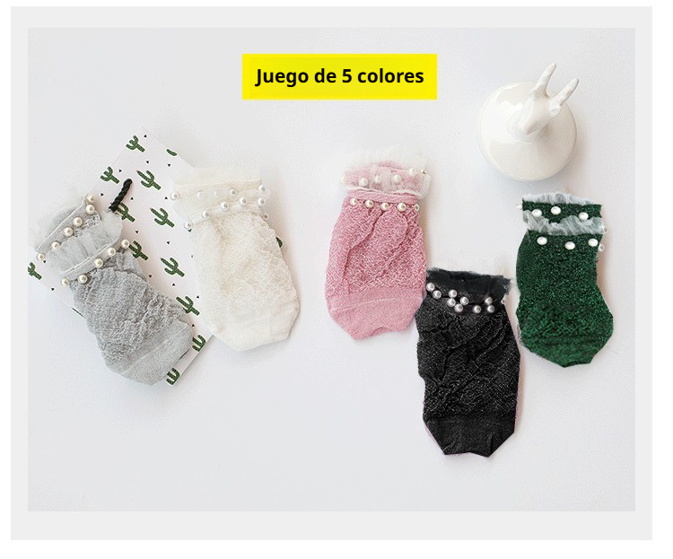 Calcetines cortos de cristal con hilo plateado y perlas
