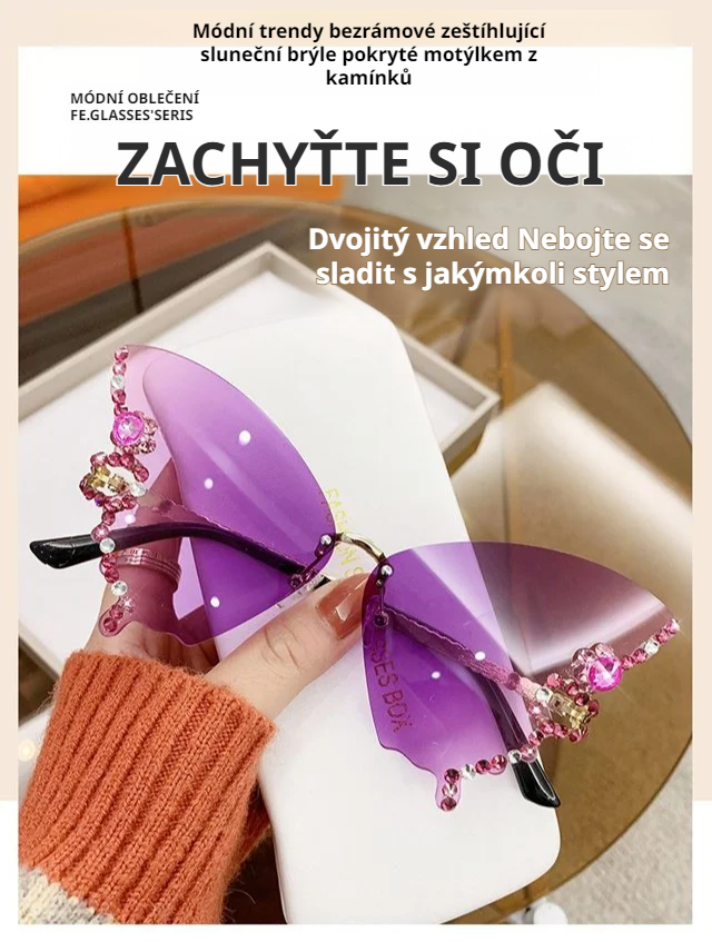 Rhinestone Butterfly Rimless Slim sluneční brýle na modelce