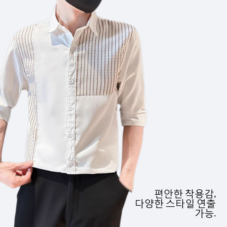 남성 여름 얇은 접합 5 부 소매 와이드 셔츠