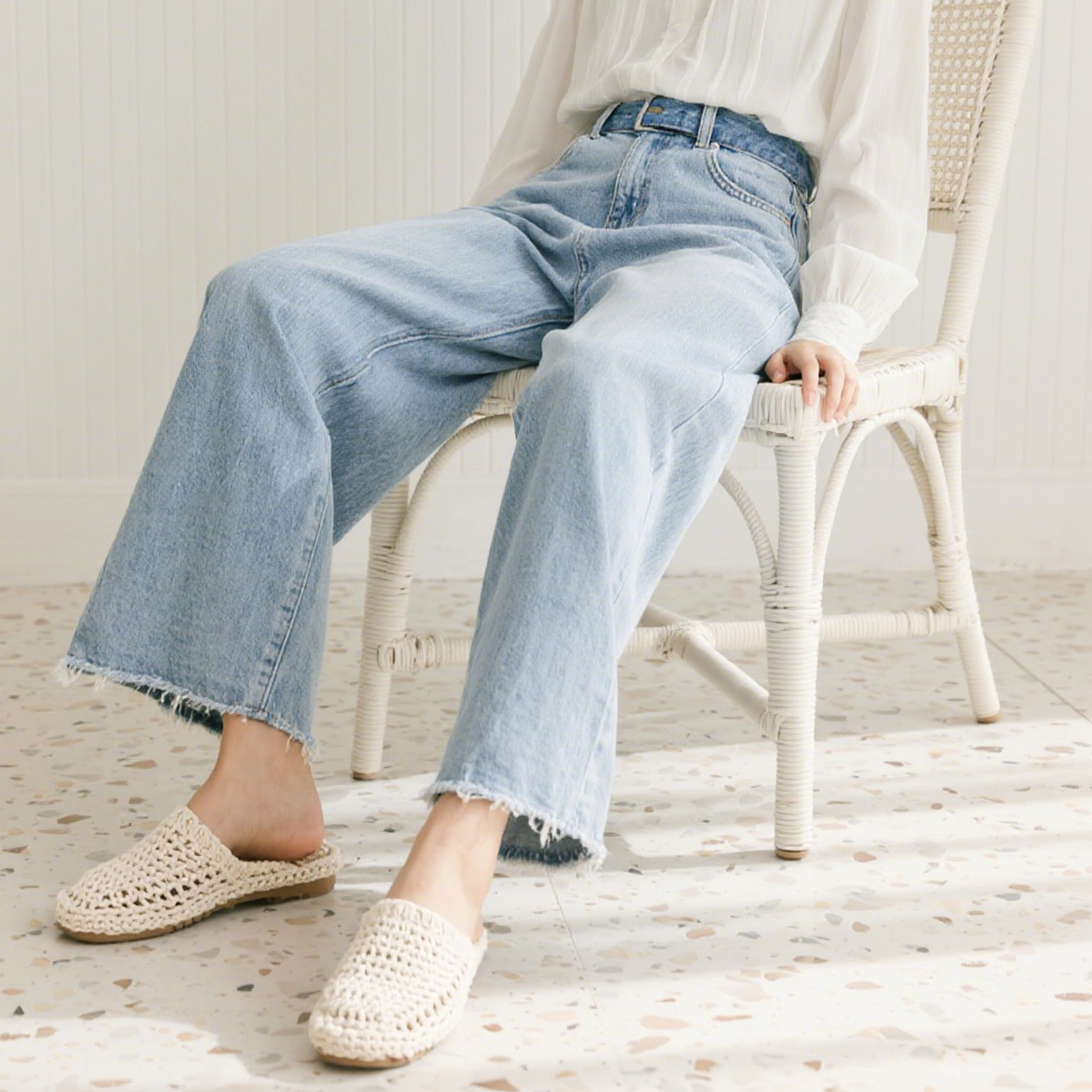 스트레치 슬림 크롭 와이드 레그 플레어 진 전체 이미지