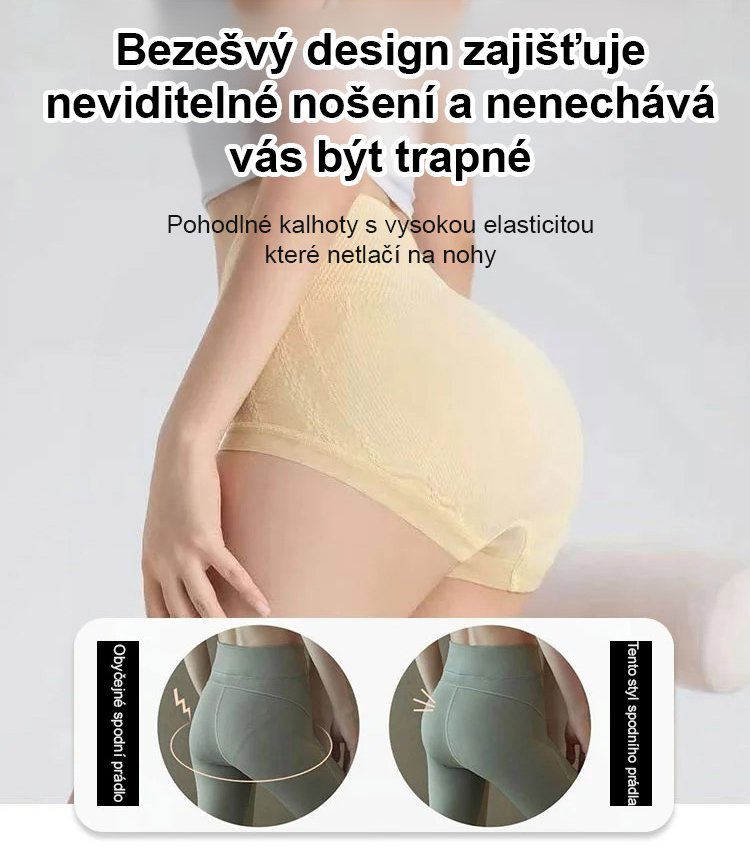 Vysoký pas, stahující břicho, zvedající hýždě, bezešvé kalhotky s antibakteriálními vlastnostmi pely
