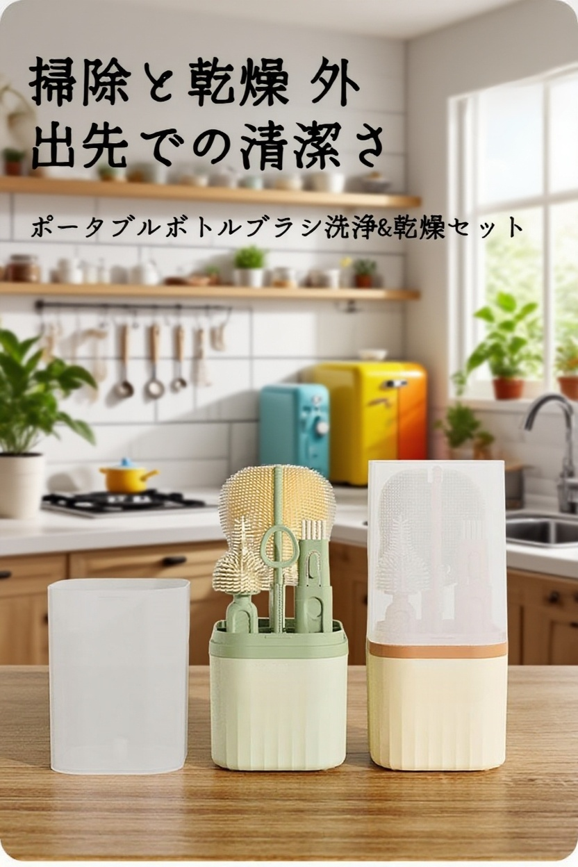 多機能ストレートハンドルシリコンボトルブラシセット全体イメージ