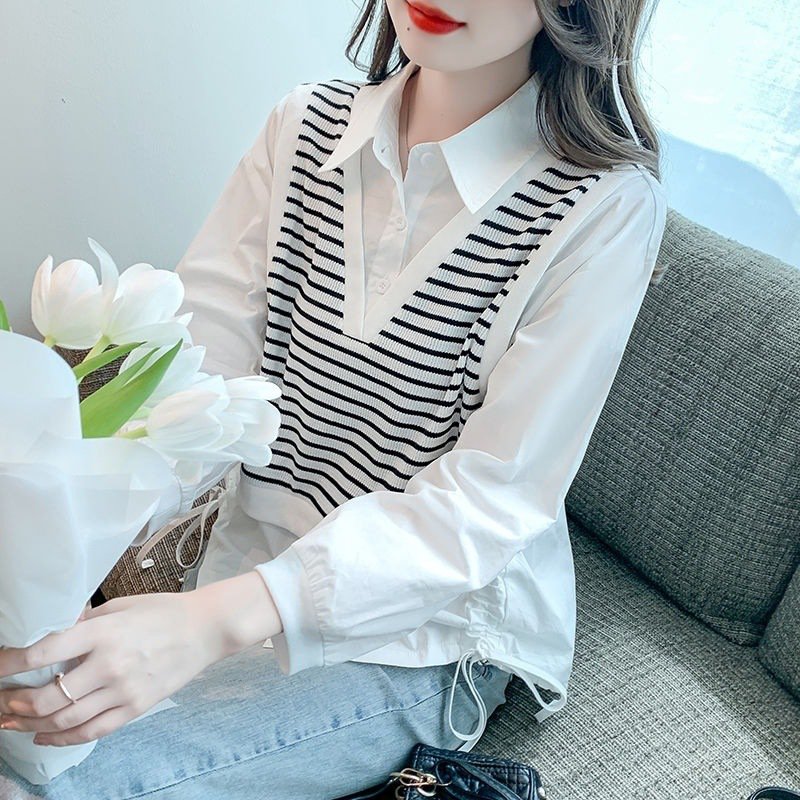 날씬해 보이는 스트라이프 셔츠 여 가을 휴가 투피스 긴팔 셔츠 예쁜 니트 쉬폰 상의 작은 셔츠 스트라이프 여 셔츠 상의