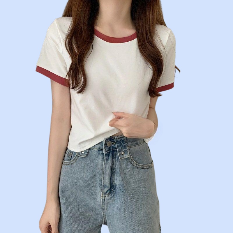 여성 슬림핏 컬러 라운드 반팔