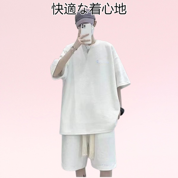 メンズカジュアルスーツ夏ユーストレンド半袖韓国風ルーズショートパンツスポーツハンサムツーピーススーツ