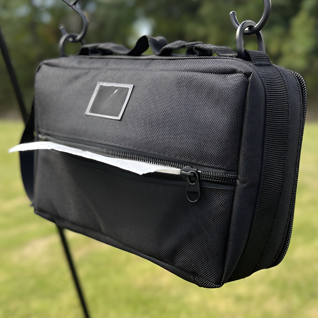 キャンプ用具袋にキャンプ用品を収納する様子