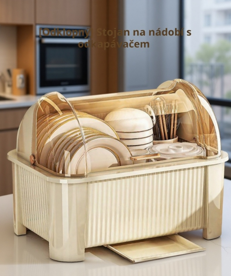 Detail čtyřúrovňového stojanu na misky a příbory