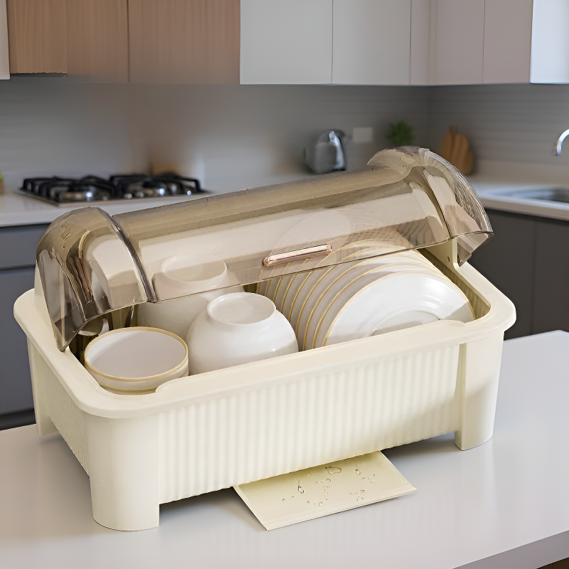 Čtyřúrovňový stojan na misky a příbory do kuchyně – plný pohled