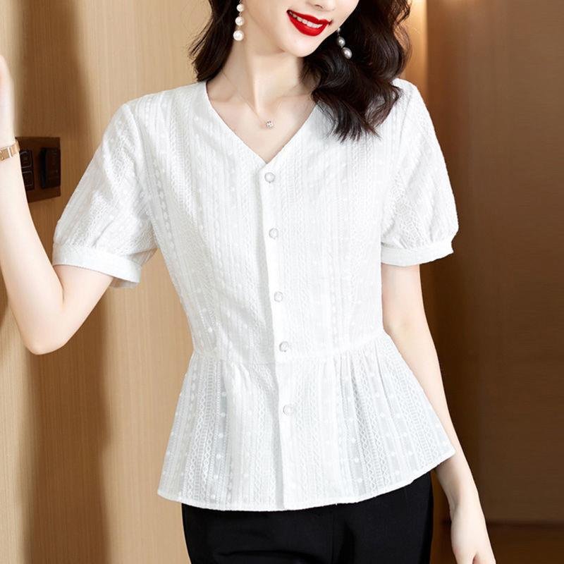 여름 신상 패셔너블하게 배를 가리는 중년 엄마 허리띠를 줄여 날씬해 보이는 블라우스녀