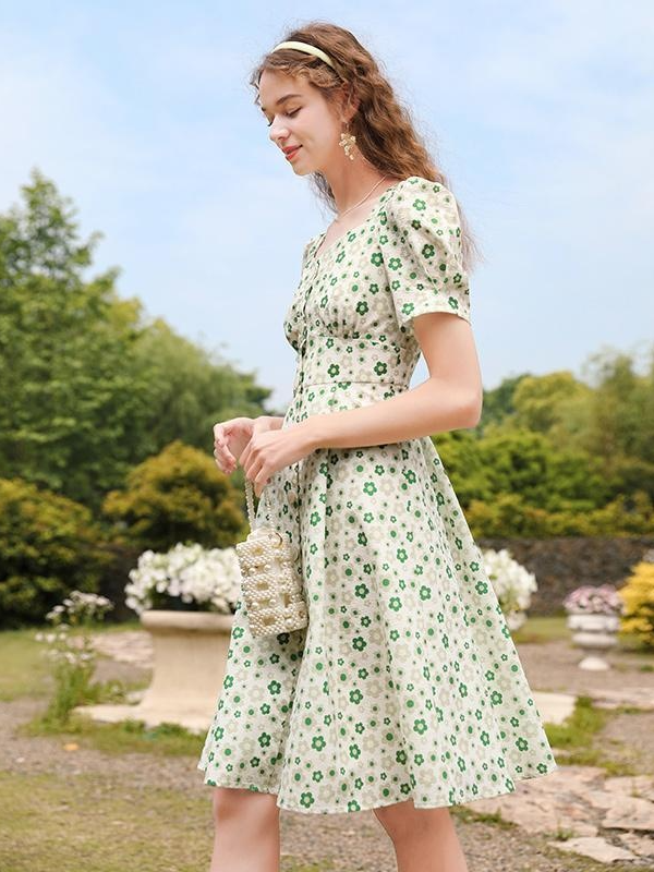 여름 허리 여리여리 디자인 원피스 여 패션 반팔 플라워 원피스 스퀘어넥 패션 반팔 원피스