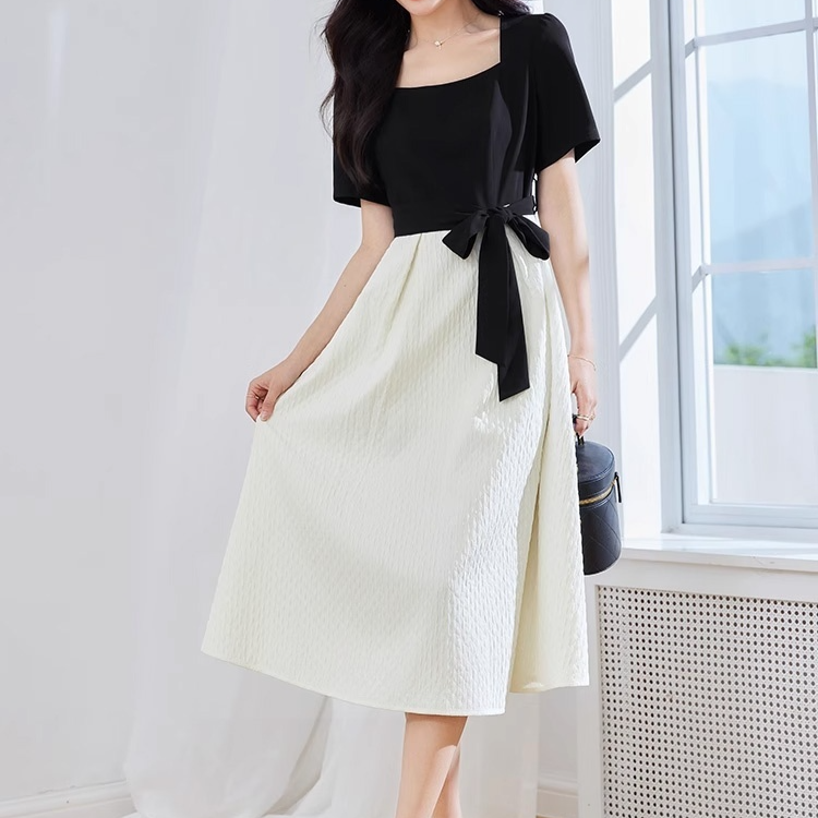 小柄女性向け夏用ヘップバーンスリムワンピース・ロングスカート風フェイクツーピース