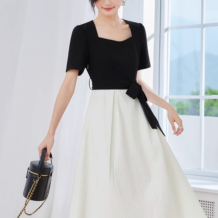 小柄女性向け夏用ヘップバーンスリムワンピース・ロングスカート風フェイクツーピース