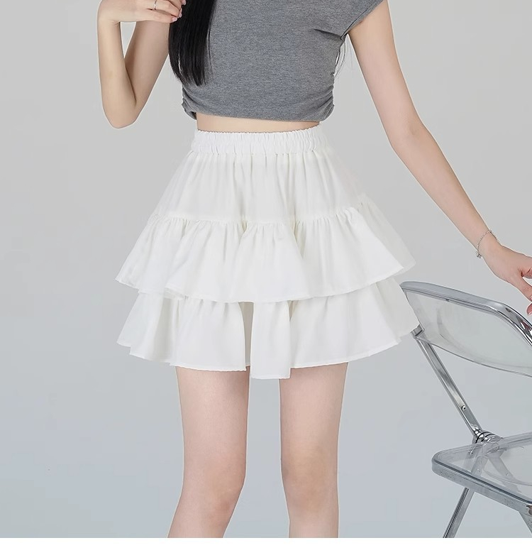 春夏小柄女性用ハイウエストフリルスカート スリム見えミディスカート ケーキスカート