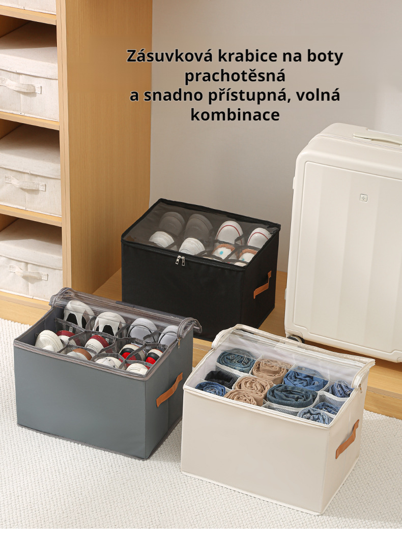 Foldable shoe storage box with visible cover and compartments