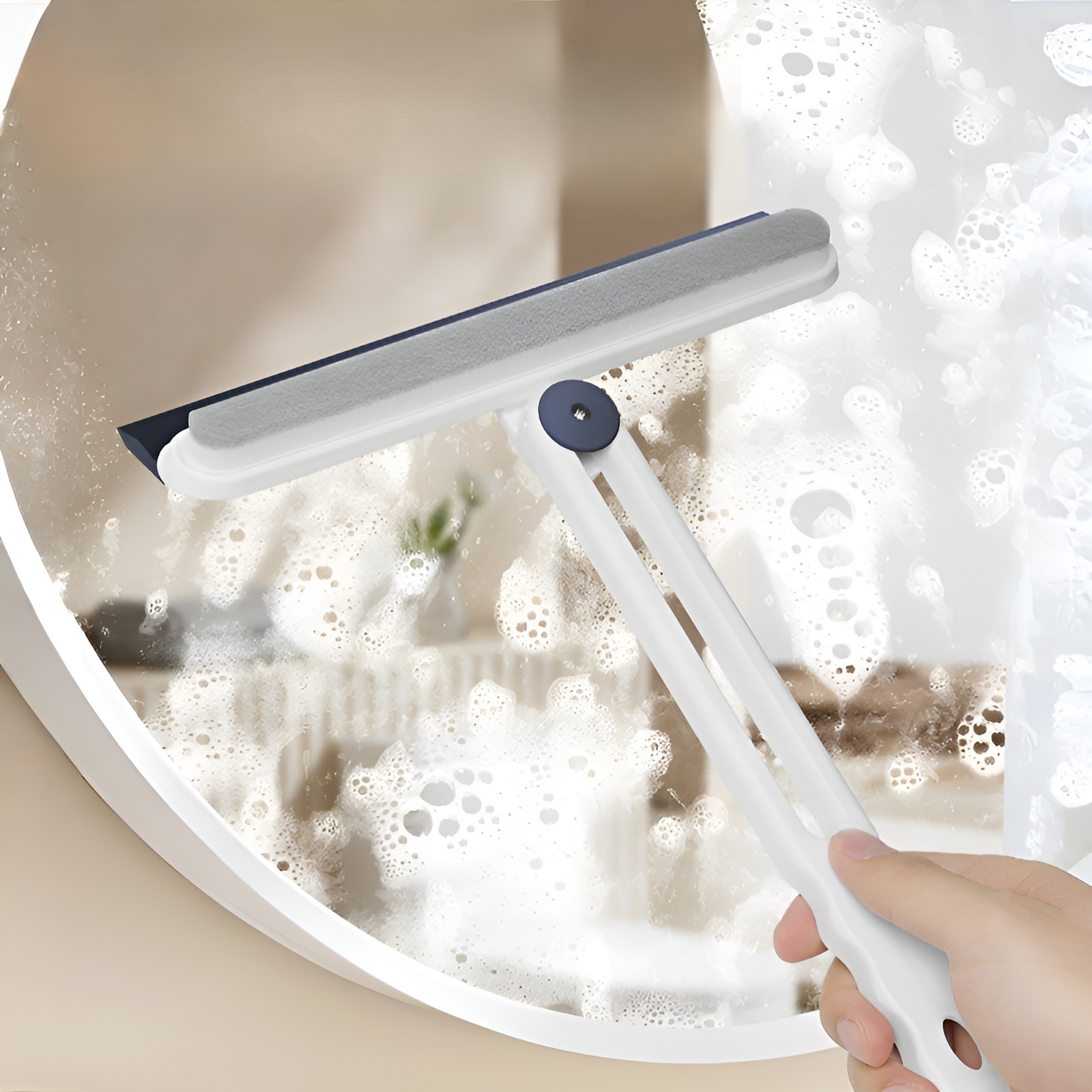 窓両面ワイパーでガラスを掃除する様子