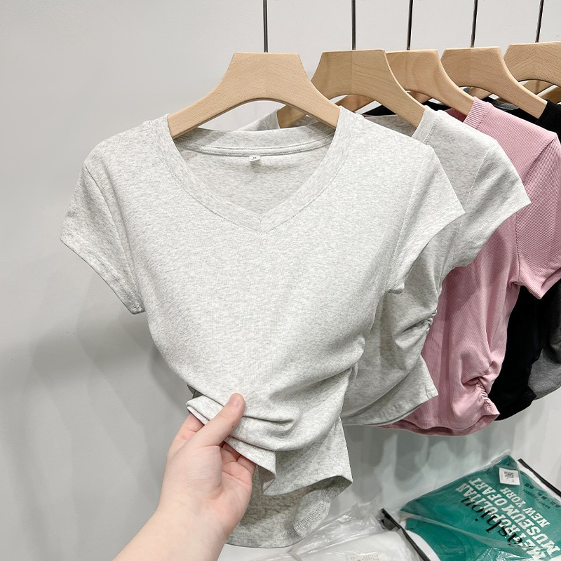 レディース半袖アイスシルクカラーボーンシックプリーツ半袖Tシャツトップス