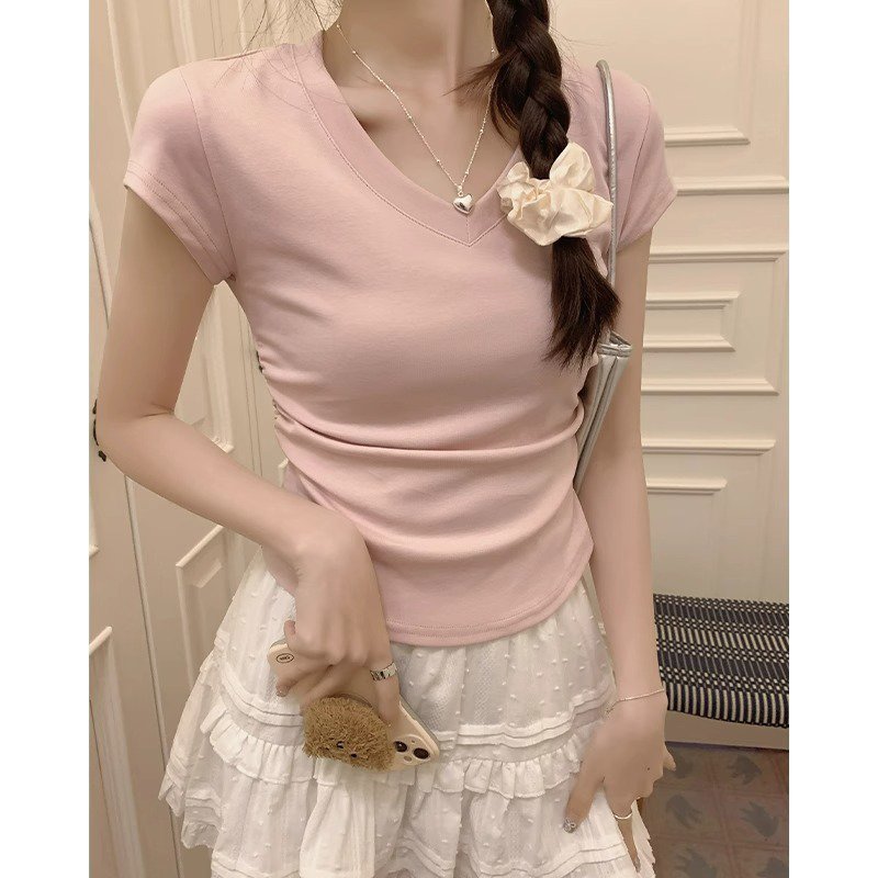 レディース半袖アイスシルクカラーボーンシックプリーツ半袖Tシャツトップス