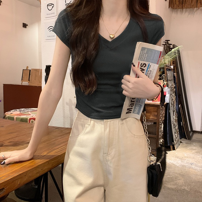 レディース半袖アイスシルクカラーボーンシックプリーツ半袖Tシャツトップス