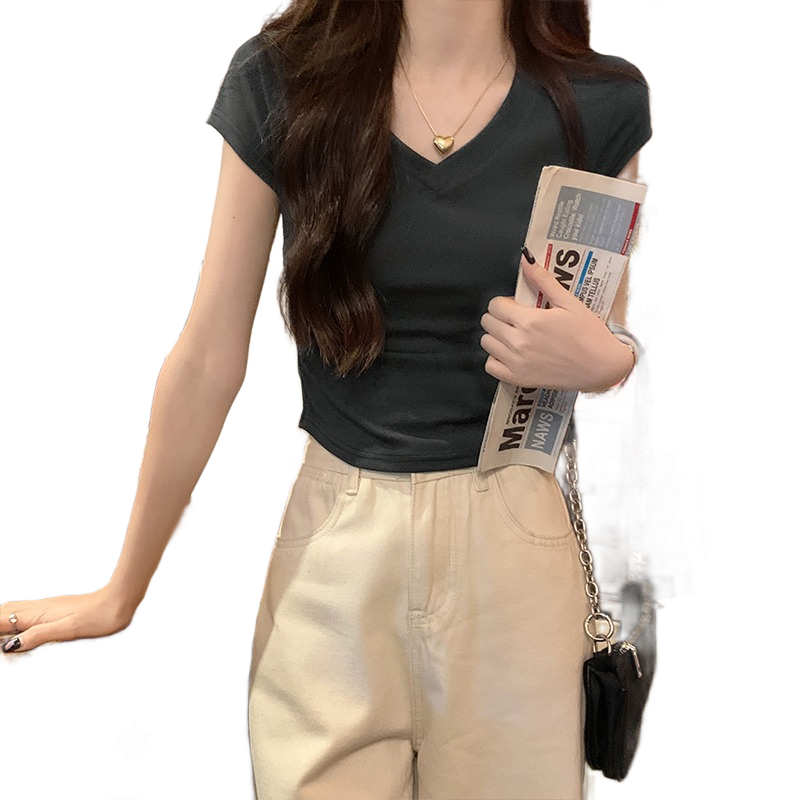 レディース半袖アイスシルクカラーボーンシックプリーツ半袖Tシャツトップス